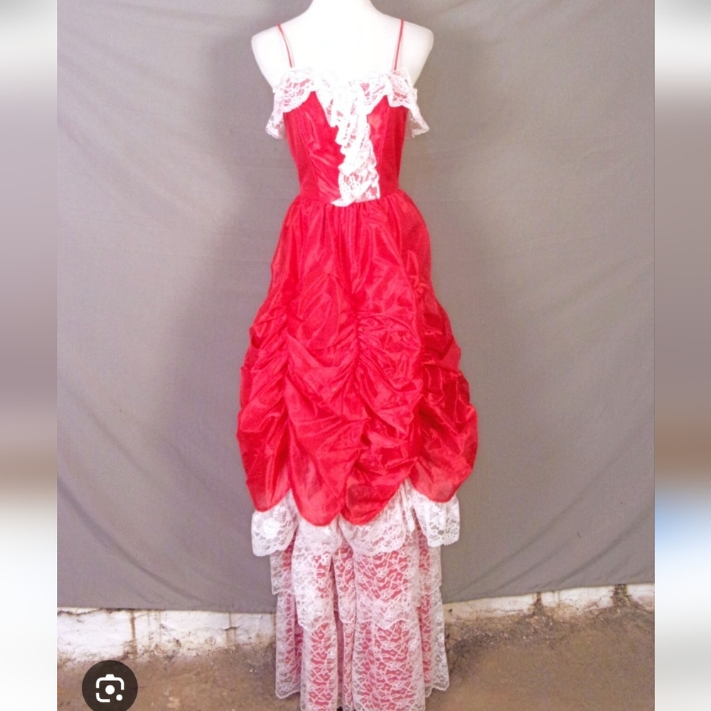 Vintage 80s Regency Coquette Cottagecore Gothic Red Lace Gown Maxi Whimsigoth